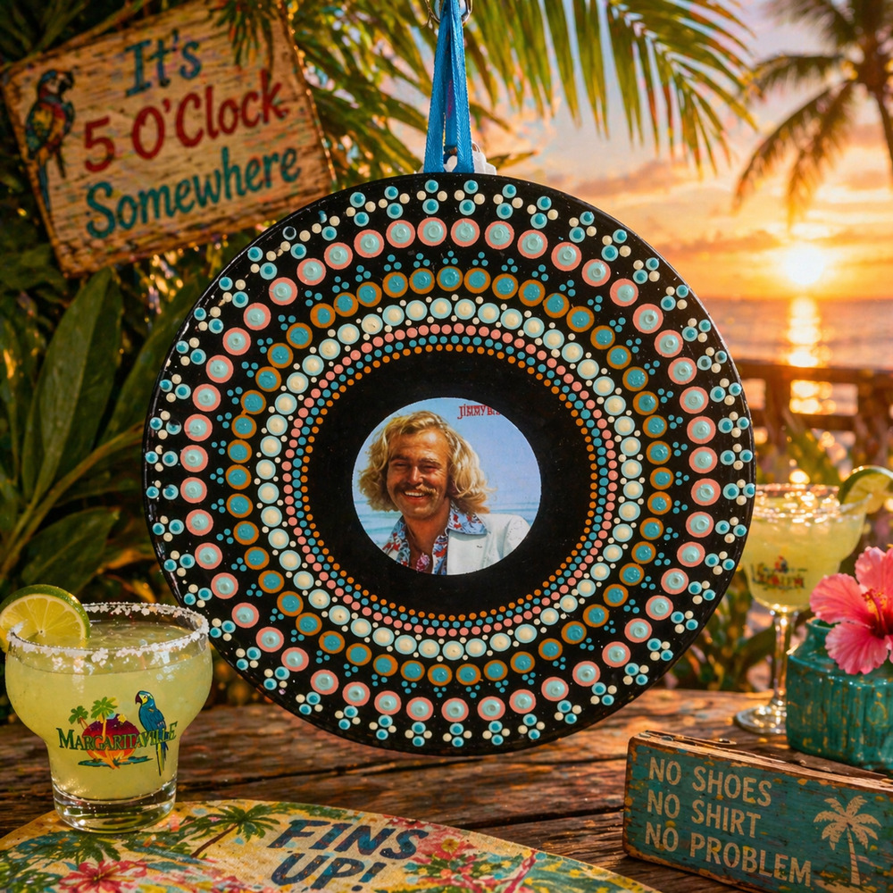 Hand Painted Jimmy Buffett Vinyl Record Art – Tropical Mandala– Beach Wall Decor